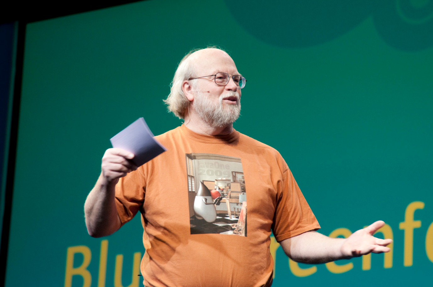 James Gosling gives a presentation about Java at the JavaOne stage