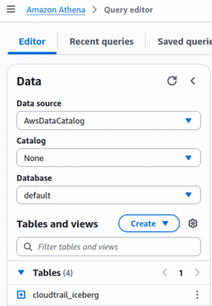 Athena catalog chooser, default Glue catalog selected